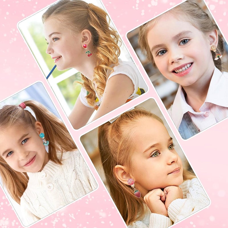 ERDOGLY Clip On Earrings for Girls, 10/12 Pairs Kids Clip On Earrings for Toddler Party Favor, Stick on Earring Jewelry Set for Little Girl Princess Play Ages 3-12 - Image 2